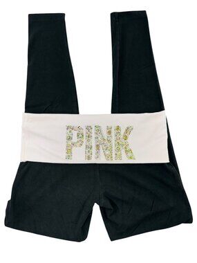 Rare Vintage Y2K VS PINK Foldover Leggings Baby Pink & White Rhinestone Bling